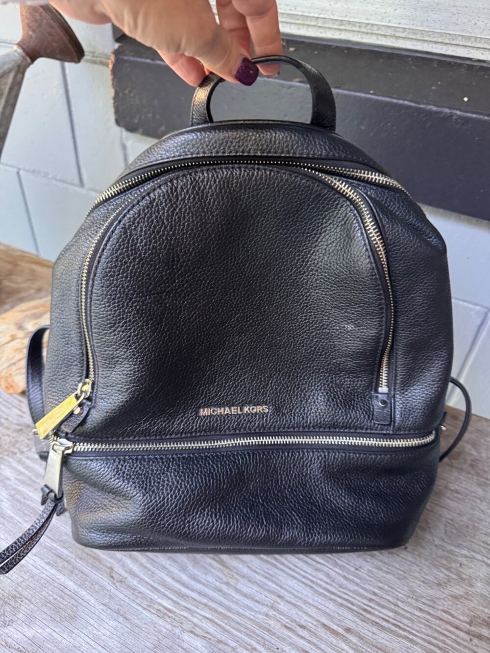 Michael Kors Rhea Medium Backpack Black Pebbled Leather Silver Zip 30S5SEZB1L